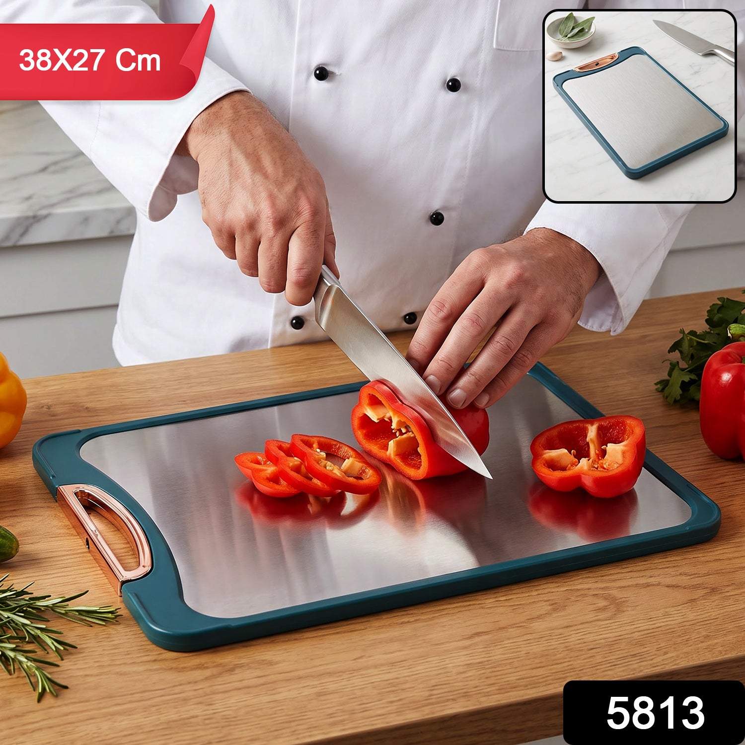 A chef cuts red pepper on a teal and metal chopping board, with an inset showing the board and herbs.