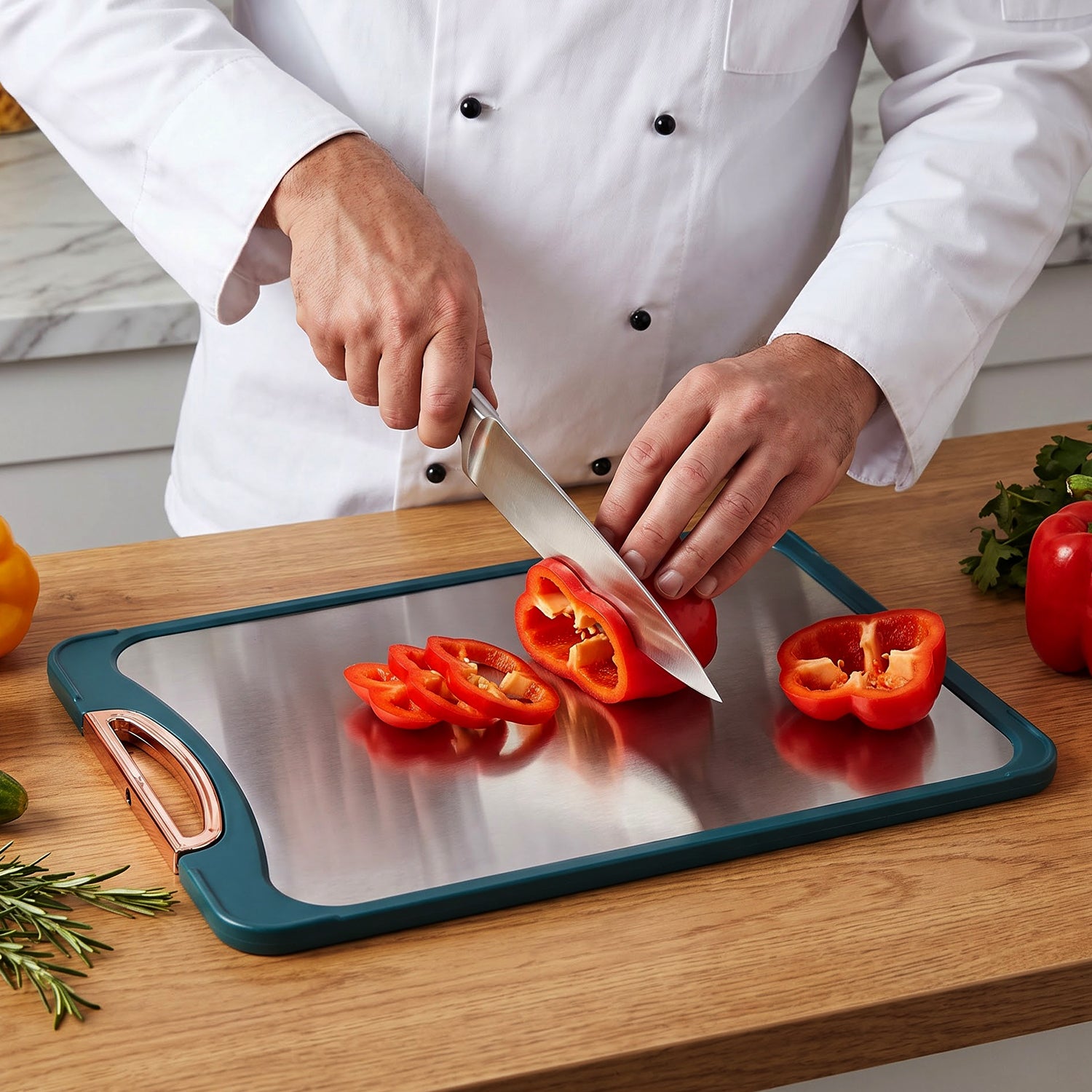 A person in a white chef's coat uses a large knife to slice red bell peppers on a modern cutting board.