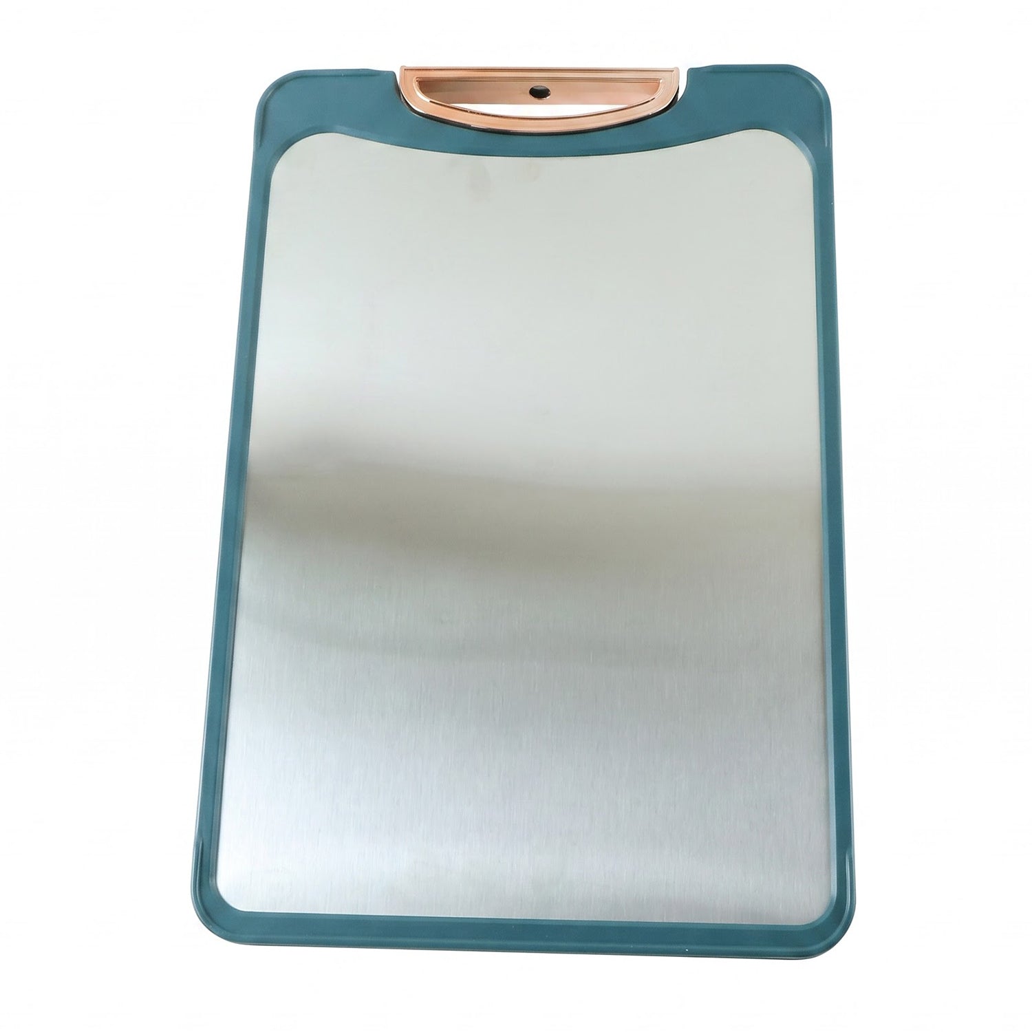 A rectangular teal and stainless steel cutting board with a copper-toned handle is centered on a white background.