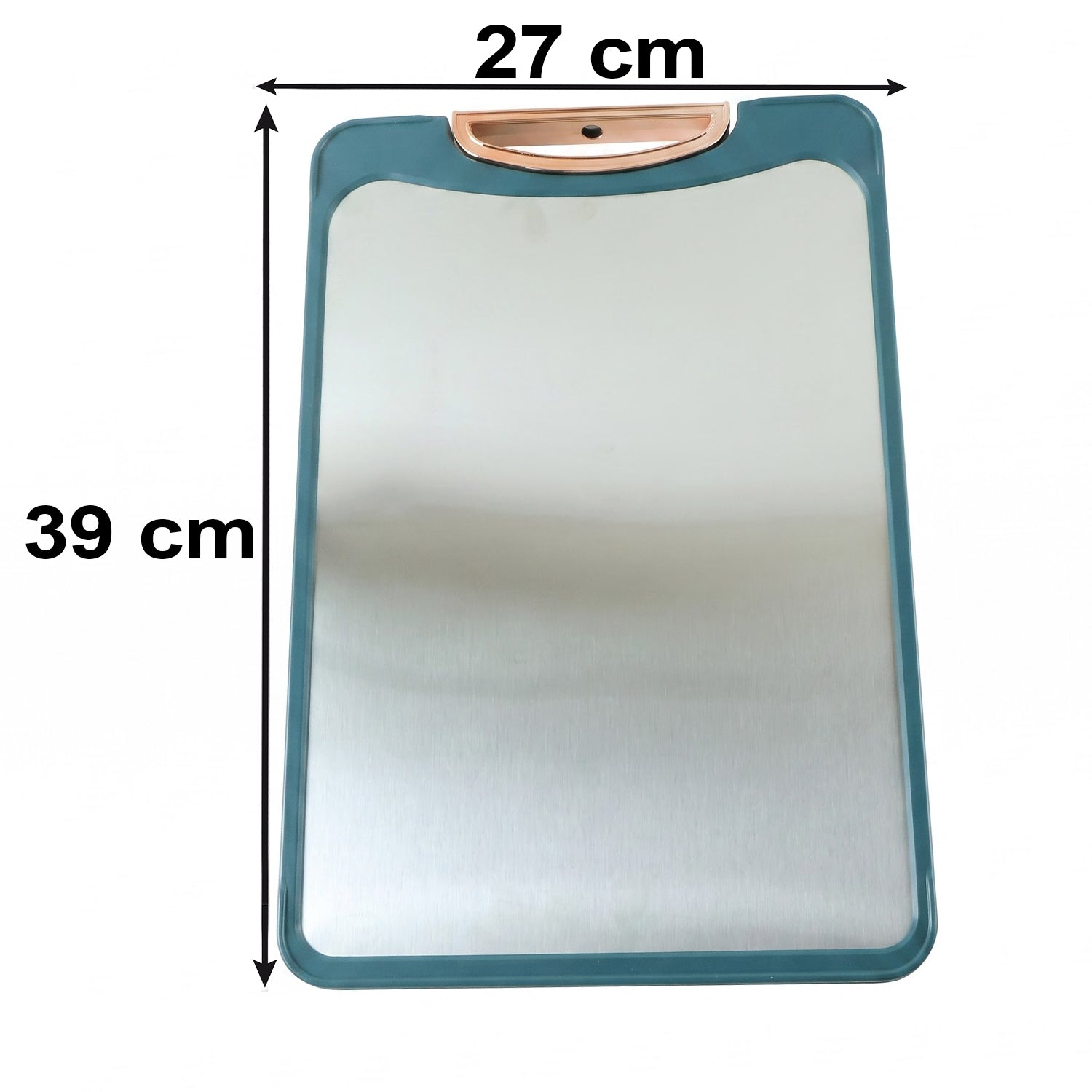 A teal and stainless steel cutting board with a copper handle is shown with its dimensions of 39 cm by 27 cm.