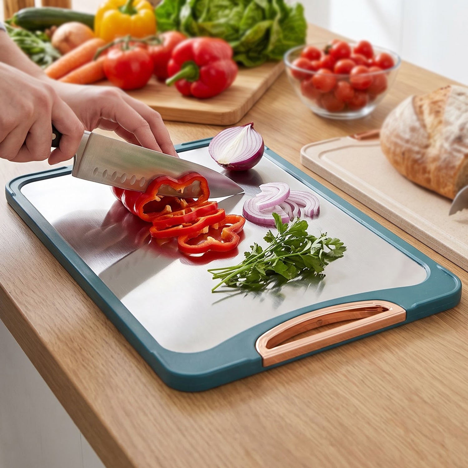 Hands slice red pepper and red onion on a teal and stainless steel board, surrounded by fresh vegetables.