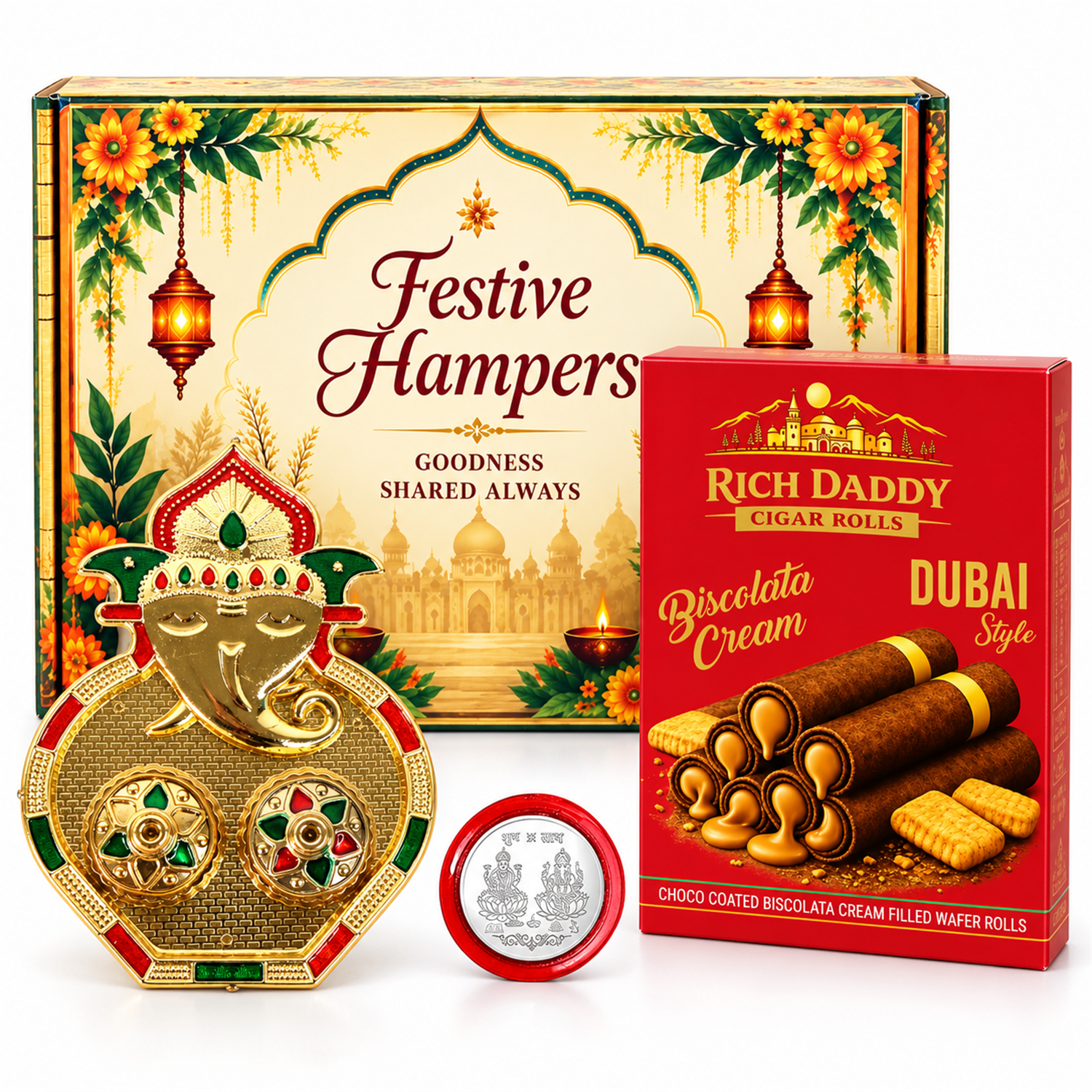 A gold Ganesh kumkum dish, silver coin, and red box of wafer rolls in front of a festive hamper box.