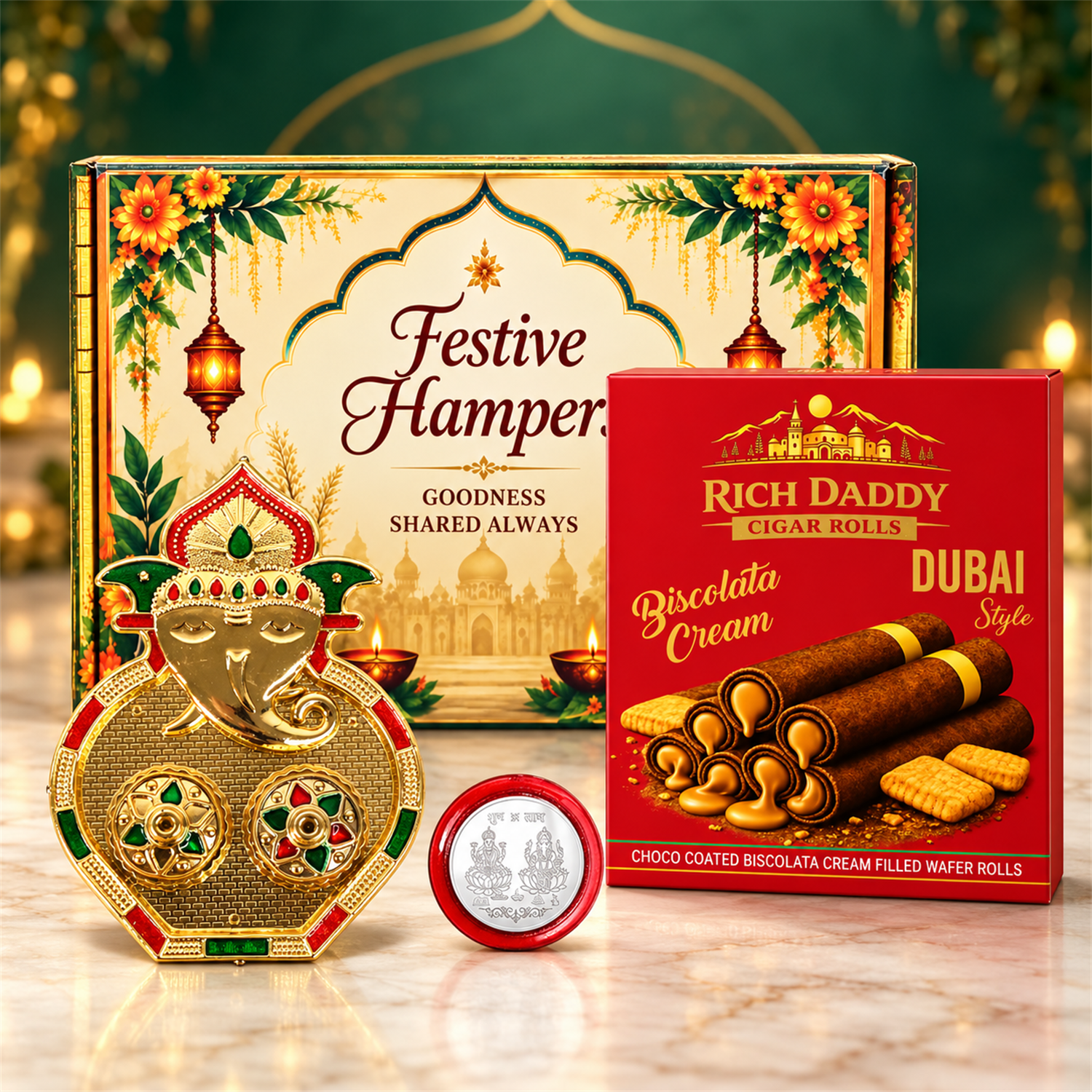 A gold Ganesh kumkum dish, silver coin, and red box of wafer rolls on a marble surface.