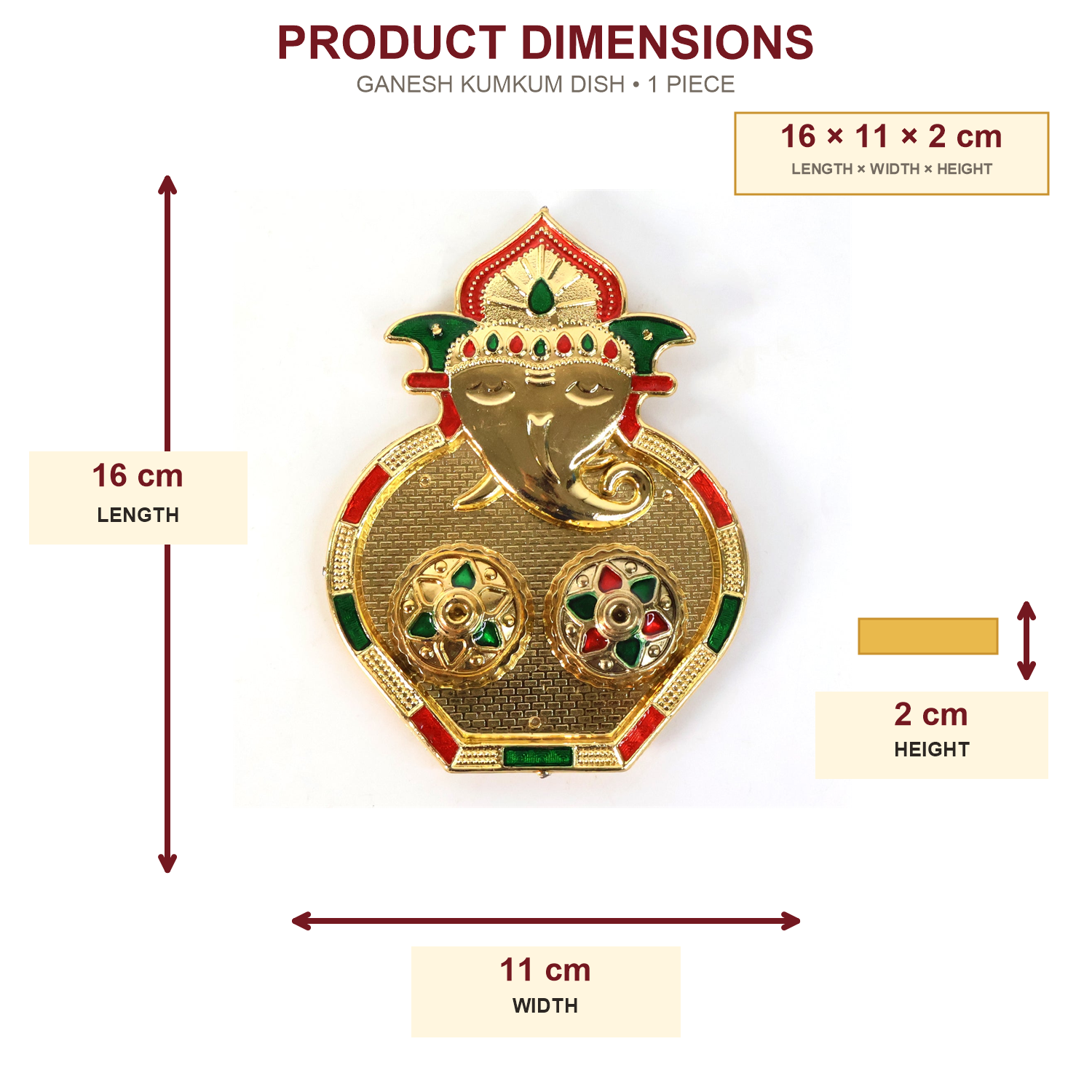 A gold Ganesh kumkum dish with measurements for length, width, and height displayed around it.
