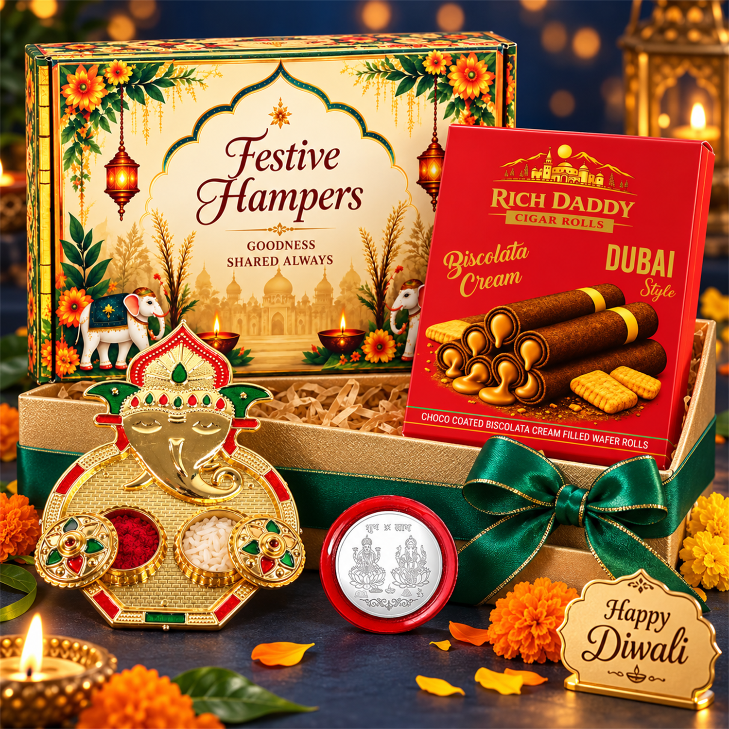 A festive hamper box, Ganesh kumkum dish, silver coin, and wafer rolls with a green ribbon and flowers.