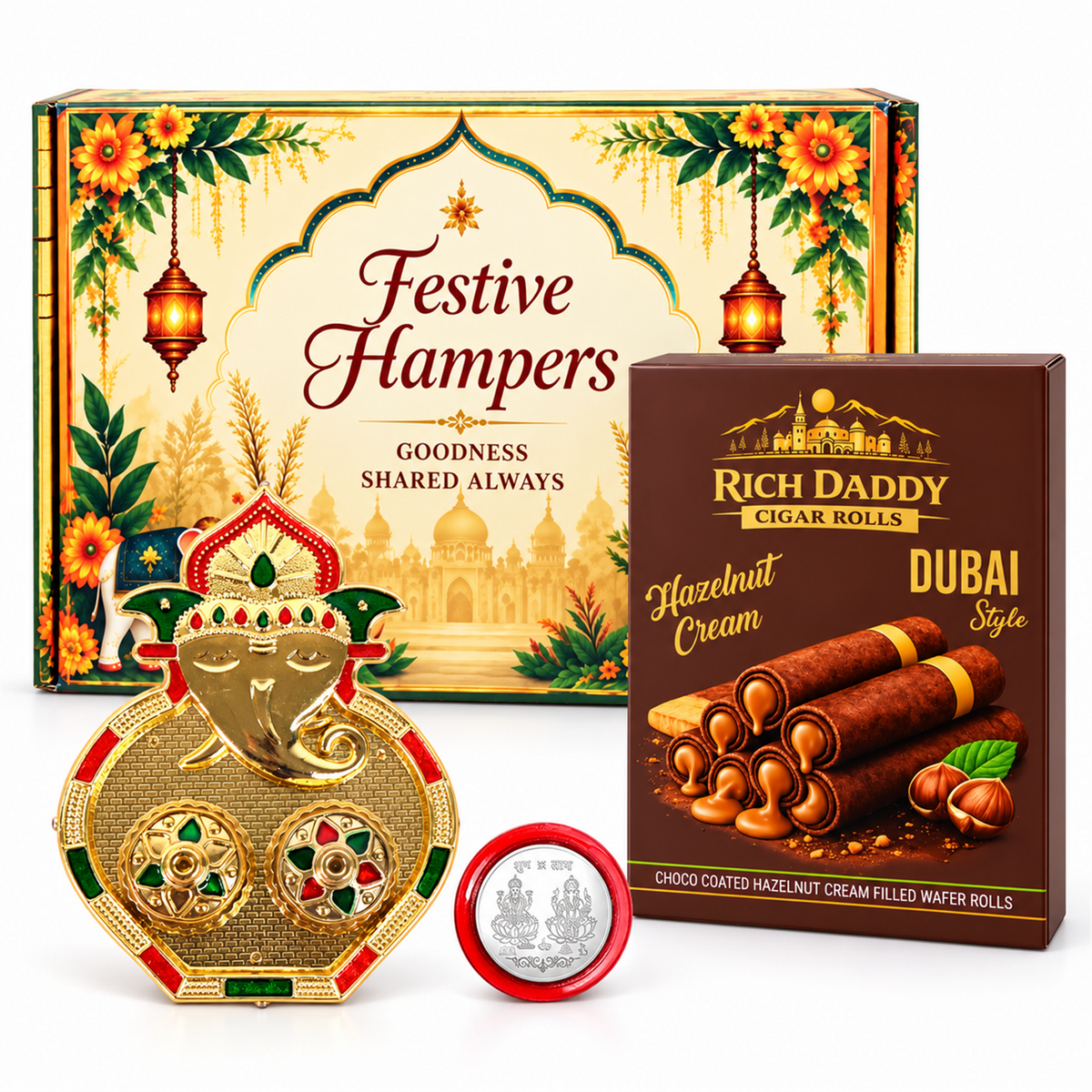 A gold Ganesh kumkum dish with red and green accents, a box of hazelnut wafer rolls, and a silver coin in a red holder, all