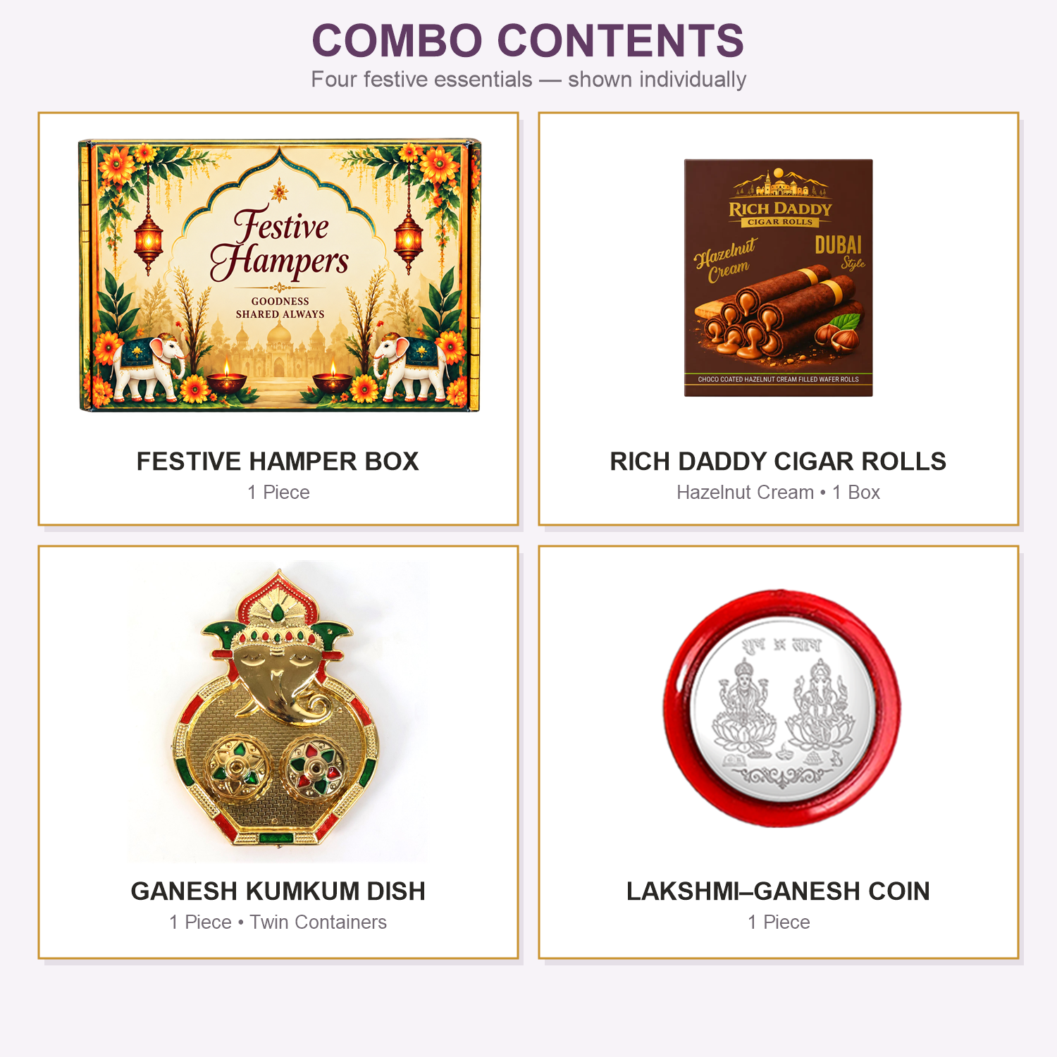A grid showing four individual items: a festive hamper box, a box of hazelnut cream cigar rolls, a Ganesh kumkum dish, and a