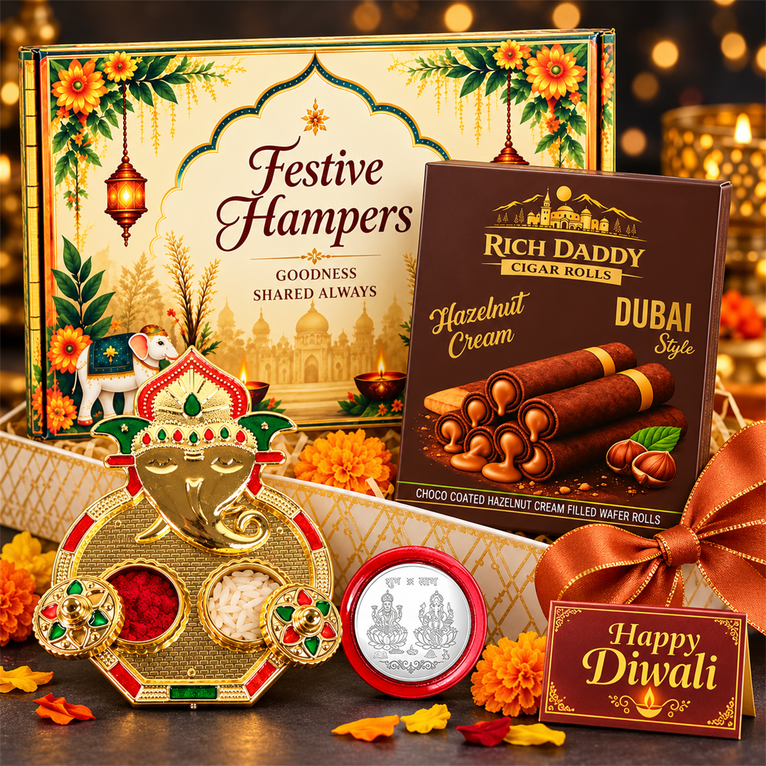 A gold Ganesh kumkum dish with kumkum and rice, a silver coin, a box of wafer rolls, and a festive hamper box, surrounded by