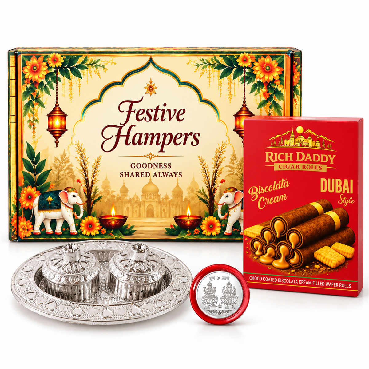 A festive gift hamper with a decorative box, red wafer rolls, a silver puja dish with two small containers, and a silver