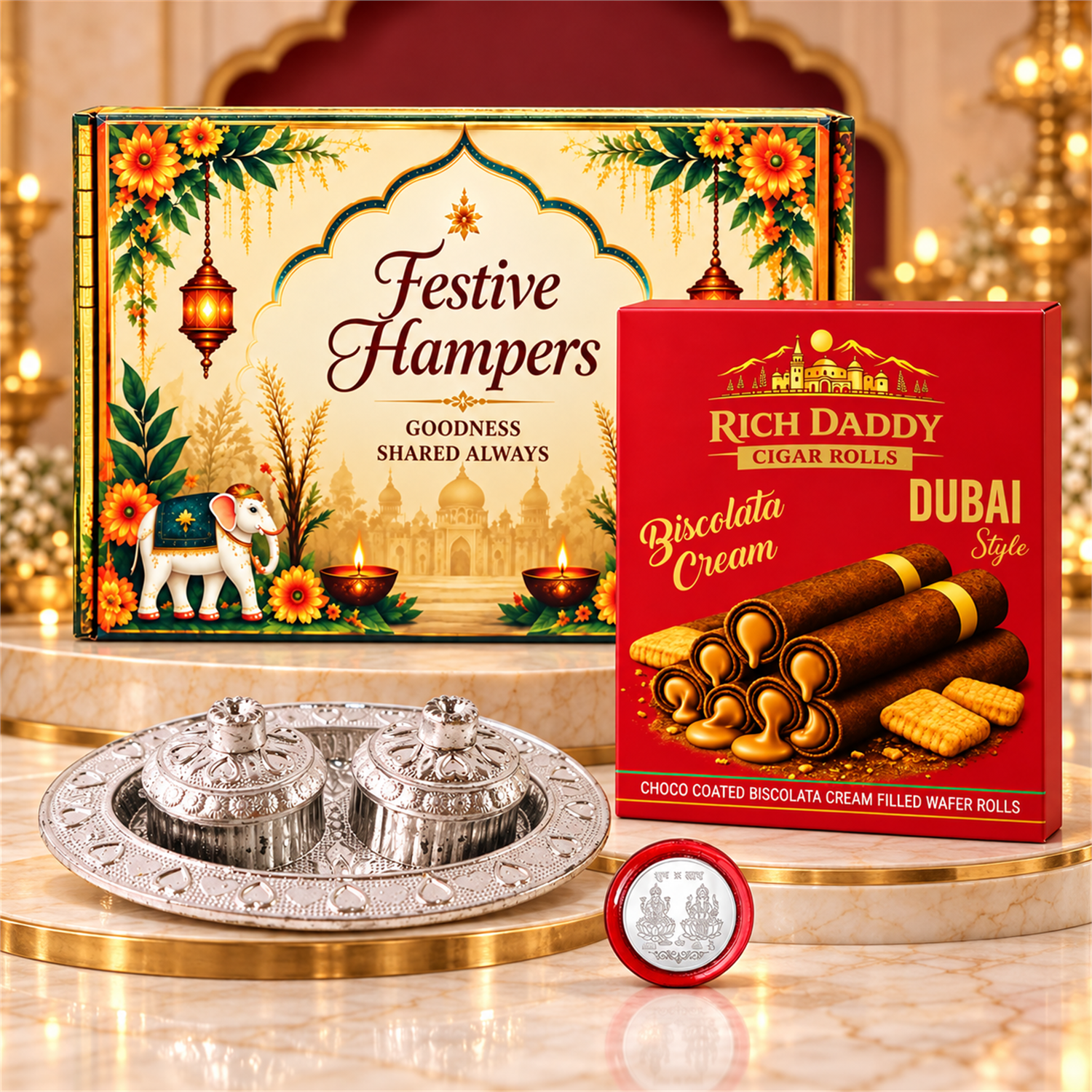 A festive gift hamper on a white marble pedestal, displaying a decorative box, red wafer rolls, an oval silver puja thali,