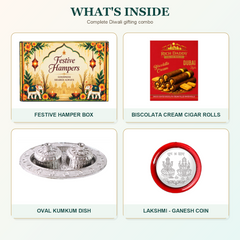 A grid showing four items: a festive hamper box, Biscolata cream cigar rolls, an oval kumkum dish, and a Lakshmi-Ganesh coin.