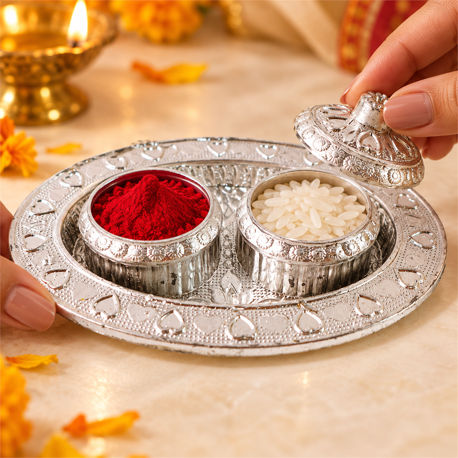 A person's hands opening a silver container filled with white rice, next to another container with red kumkum powder on a