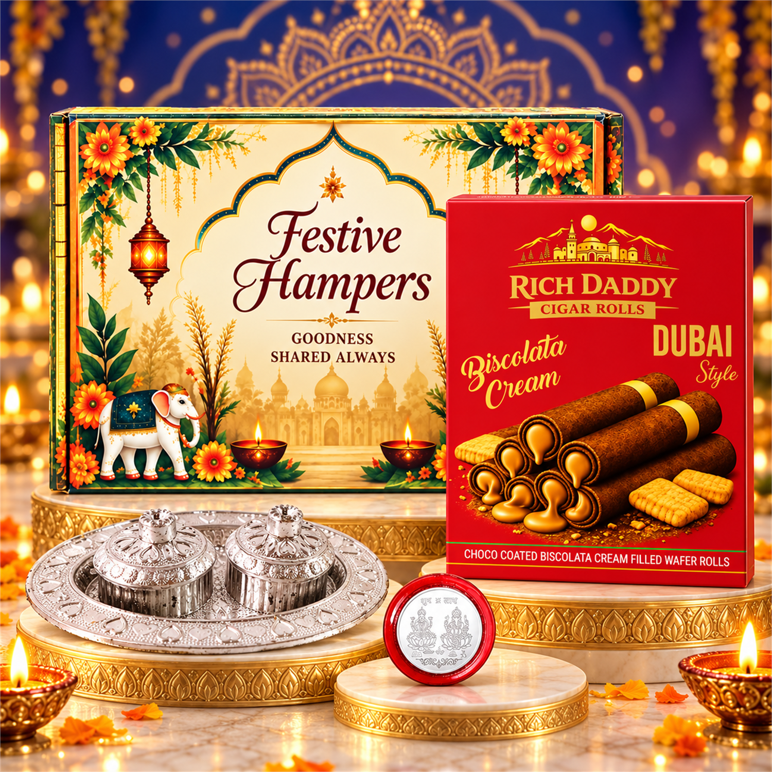 A festive gift hamper on golden pedestals, featuring a decorative box, red wafer rolls, a silver puja thali, and a small