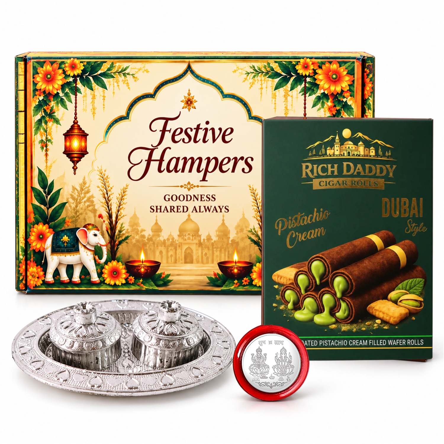 A festive gift box, pistachio wafer rolls, a silver kumkum dish, and a Lakshmi-Ganesh coin on a white surface.