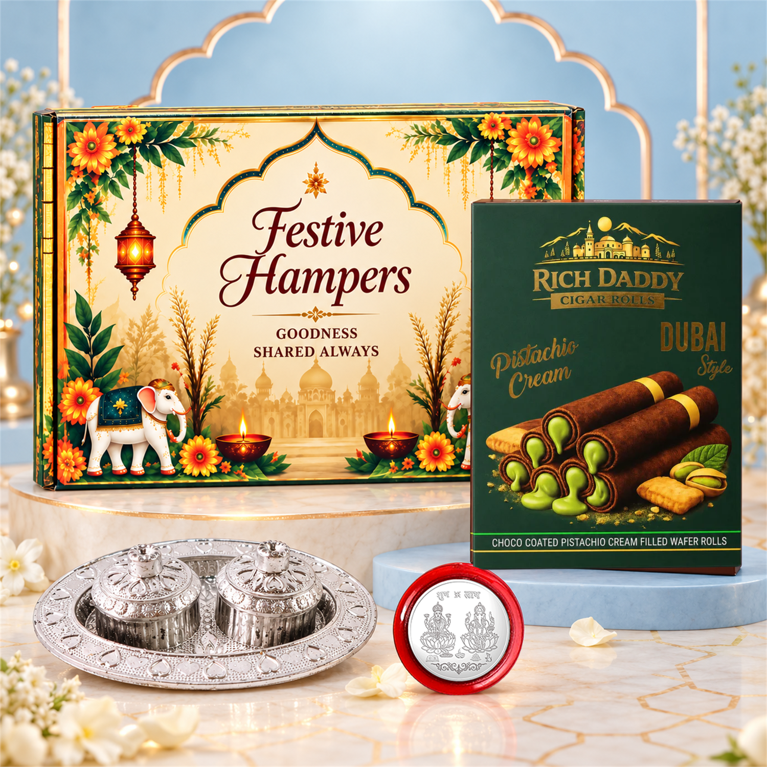 A festive gift box, pistachio wafer rolls, a silver kumkum dish, and a Lakshmi-Ganesh coin on a marble surface with blue