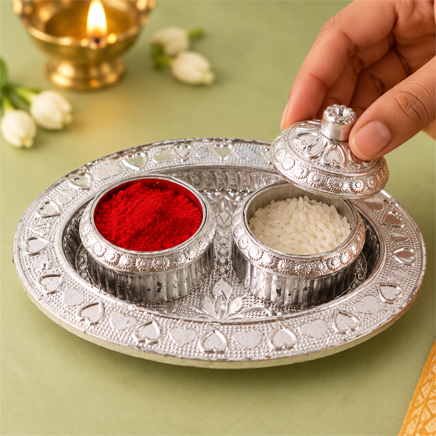 A hand opening a silver container filled with white rice, next to another container with red kumkum powder on a green mat.