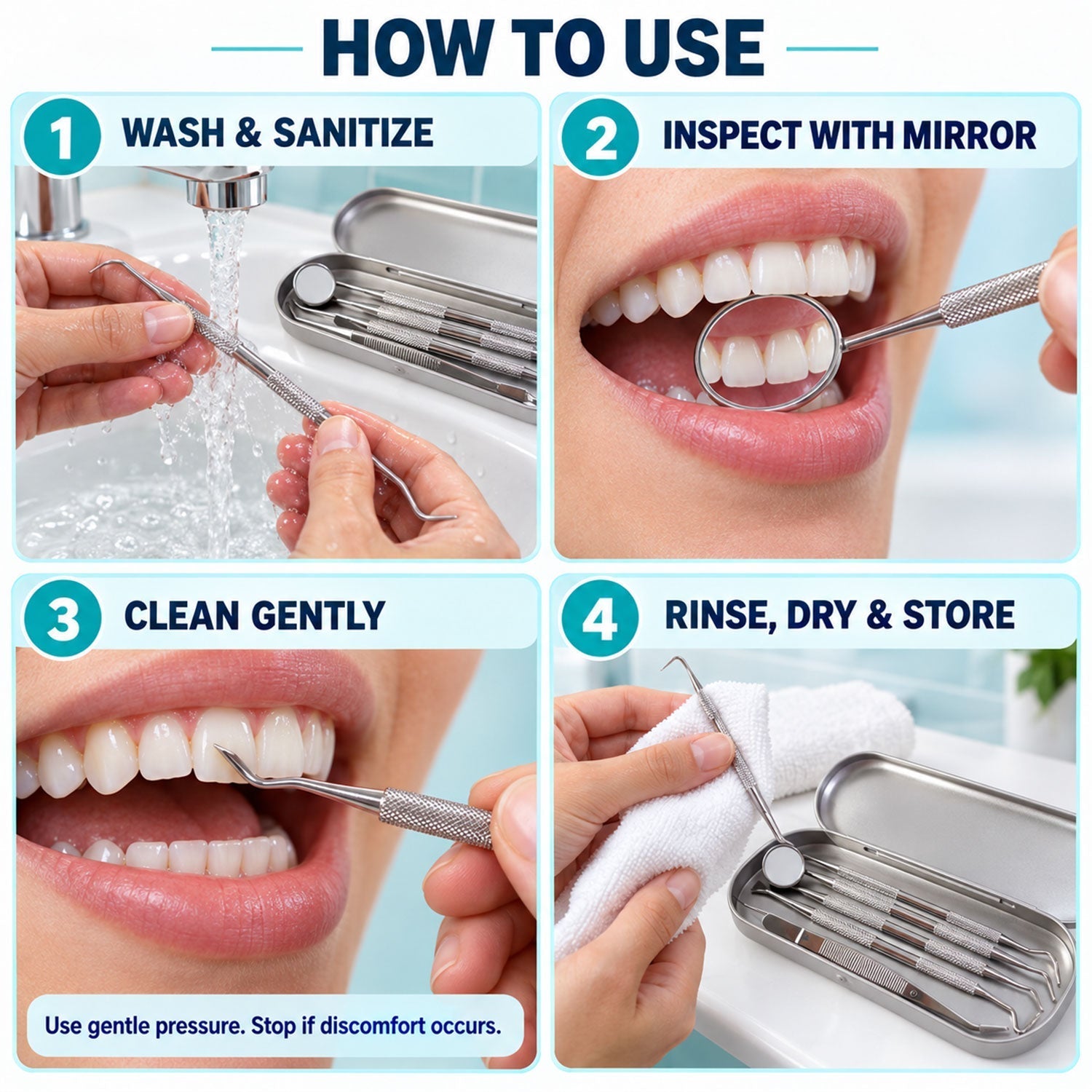 A four-panel instructional guide showing how to wash, inspect, clean, rinse, dry, and store the dental hygiene tools.