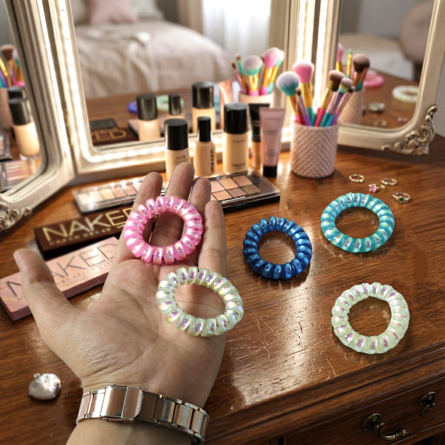 Soft Stretchable Telephone Wire Style Hair Bands Set (5 Pc, Mix Color)