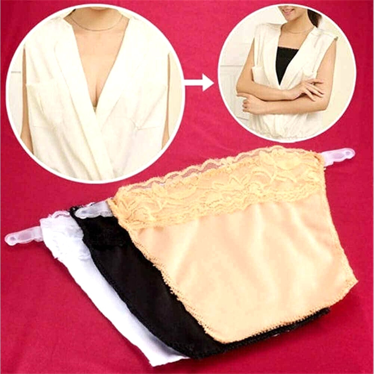 Three clip-on camisoles side by side in assorted colors