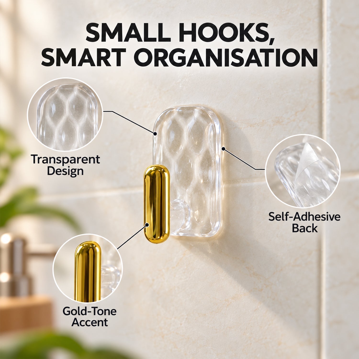 A close-up of a clear plastic hook with a gold accent, highlighting its transparent design, gold-tone accent, and