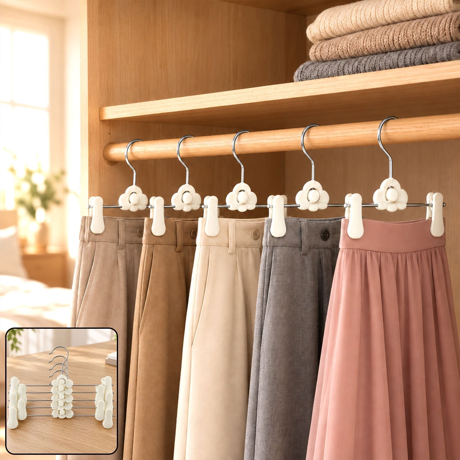 Five pairs of trousers and one skirt hang on white cloud-shaped hangers inside a wooden closet.