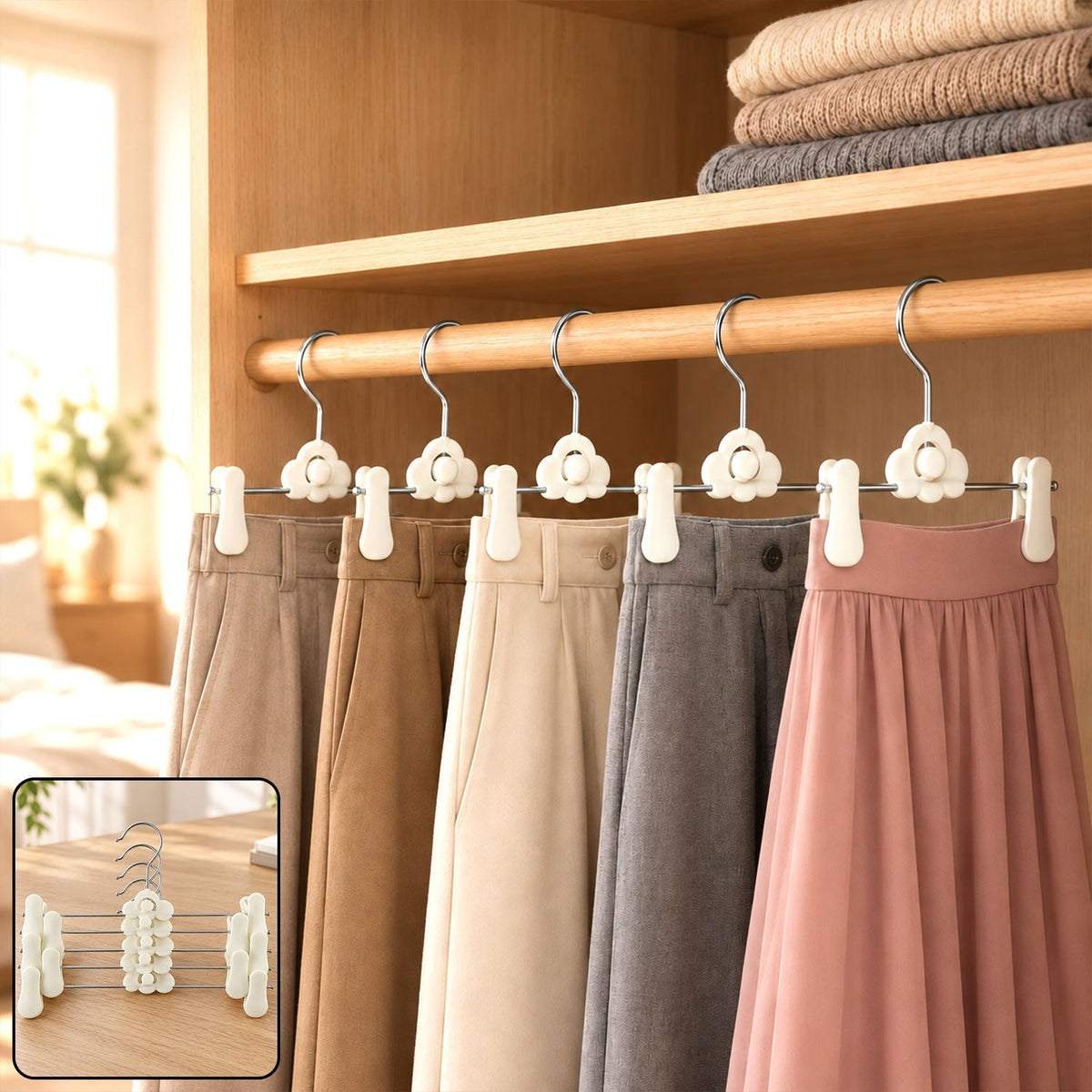 Five pairs of trousers and one skirt hang on white cloud-shaped hangers inside a wooden closet.