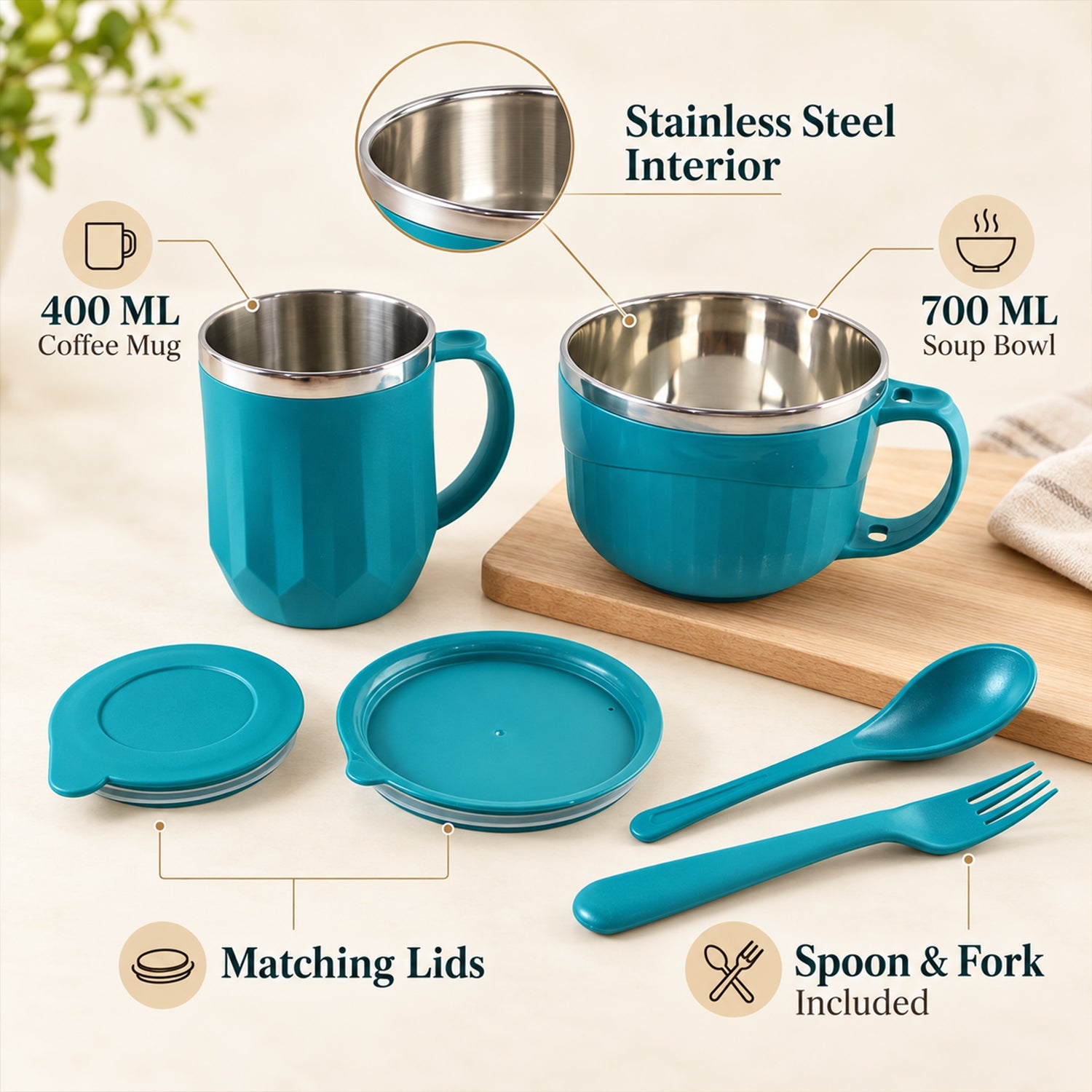 Apex Midnight Gift Set with 400ml Mug, 700ml Soup Bowl, Lids, Spoon and Fork