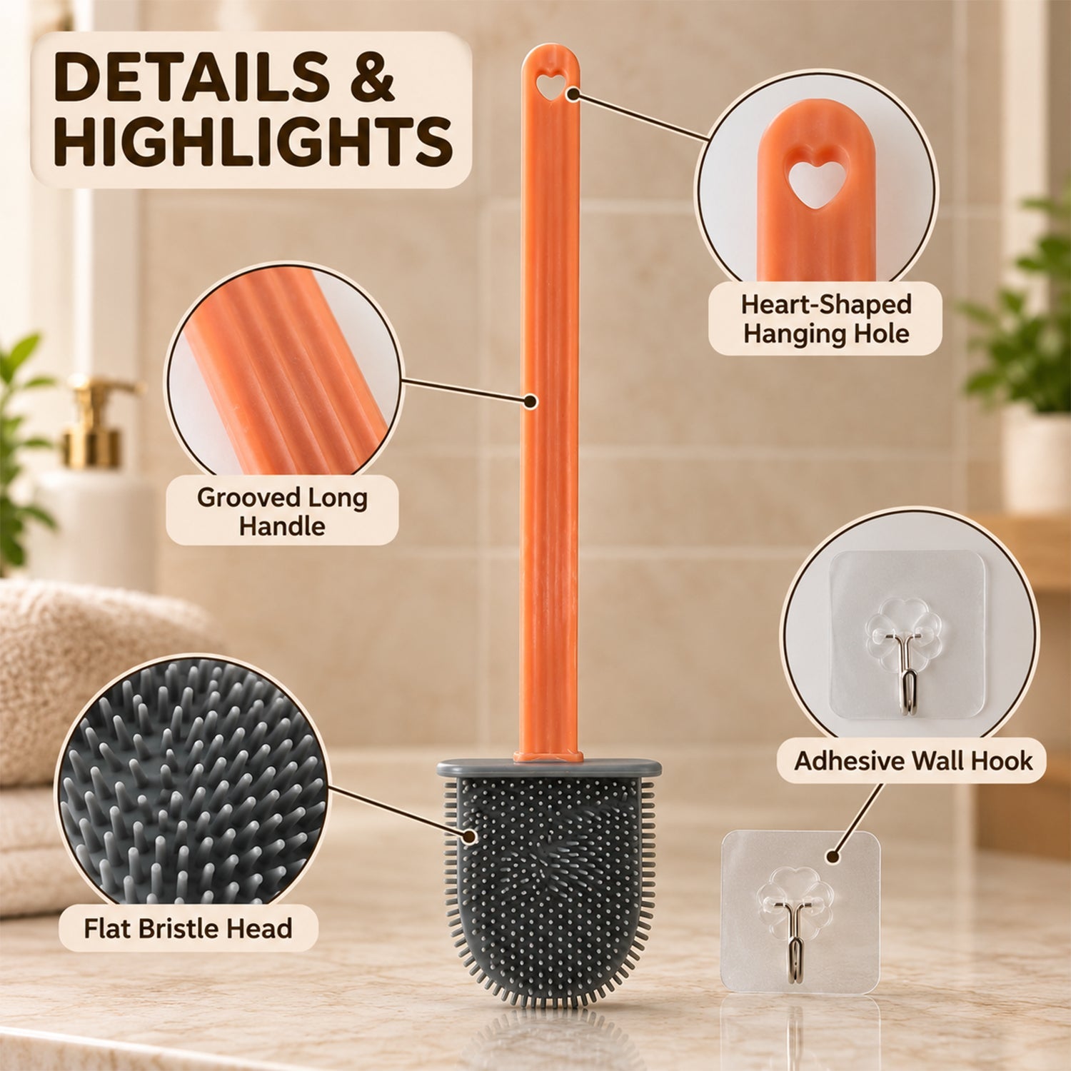 An infographic highlights the orange-handled, grey silicone toilet brush's features: heart-shaped hanging hole, grooved