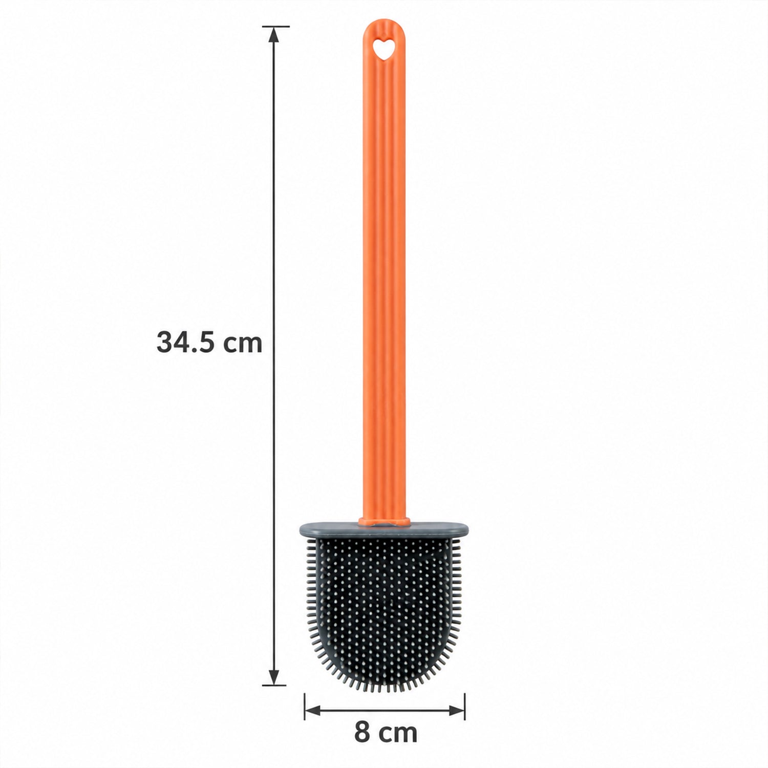 A graphic shows the orange-handled, grey silicone toilet brush with measurements: 34.5 cm length and 8 cm width.