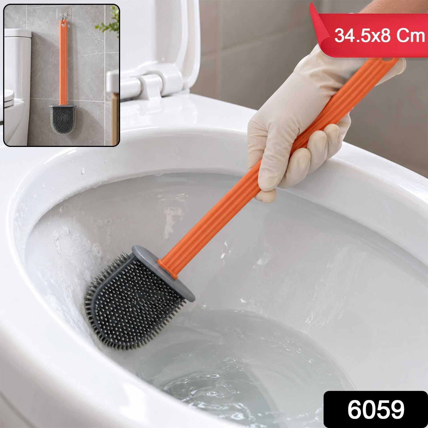 A gloved hand cleans a toilet with an orange and grey silicone brush; an inset shows the brush hanging, with product