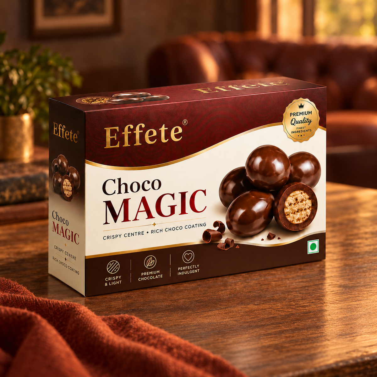 A box of Effete Choco Magic crispy center chocolates on a wooden table with a brown blanket. One chocolate is cut open,