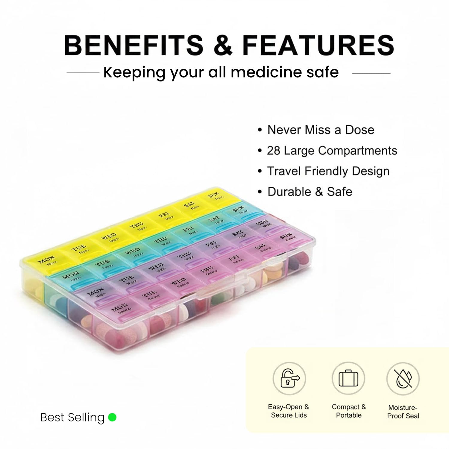 Side profile view of compact weekly pill organizer