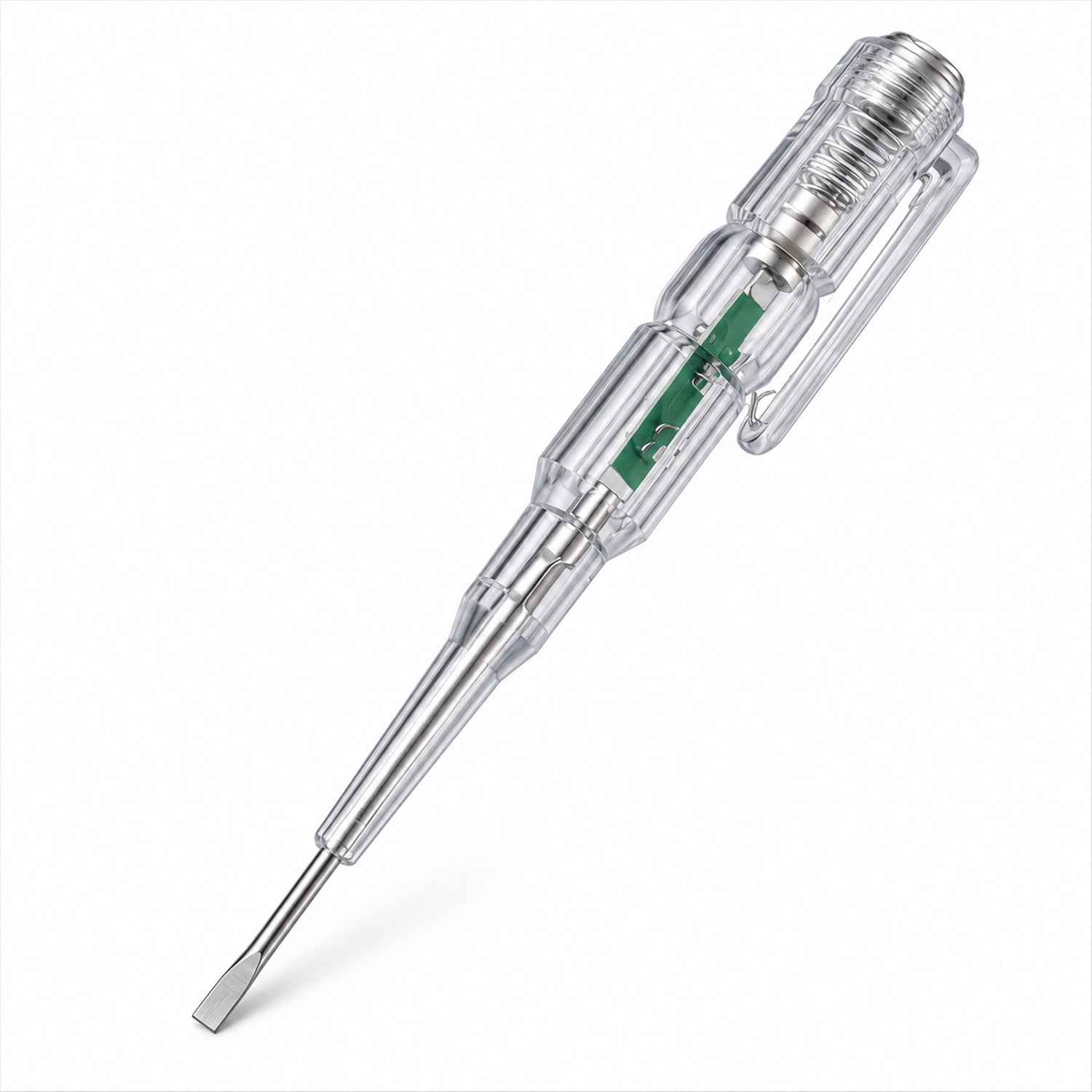A transparent electrical tester screwdriver with a metal flat head tip and internal green circuit board is angled on a white