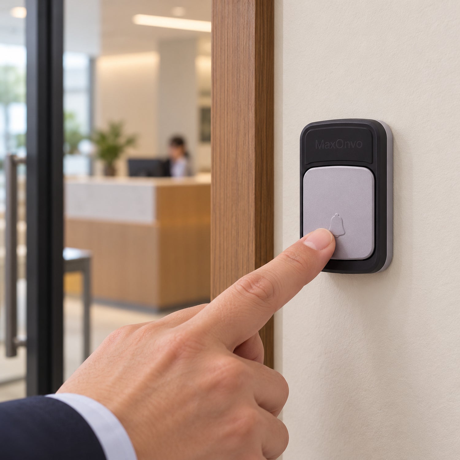 A hand in a suit jacket presses the light grey button of a black wireless doorbell transmitter on a wall in an office