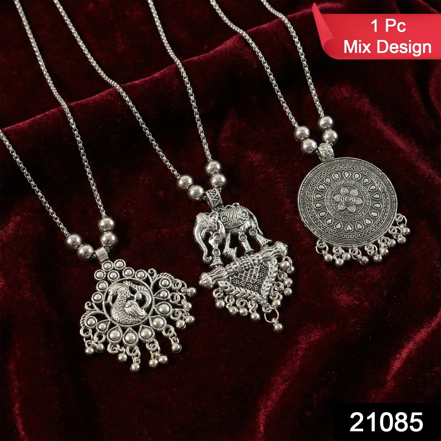 Oxidised Silver Finish Traditional Pendant Necklace – Mix Design (1 Pc)