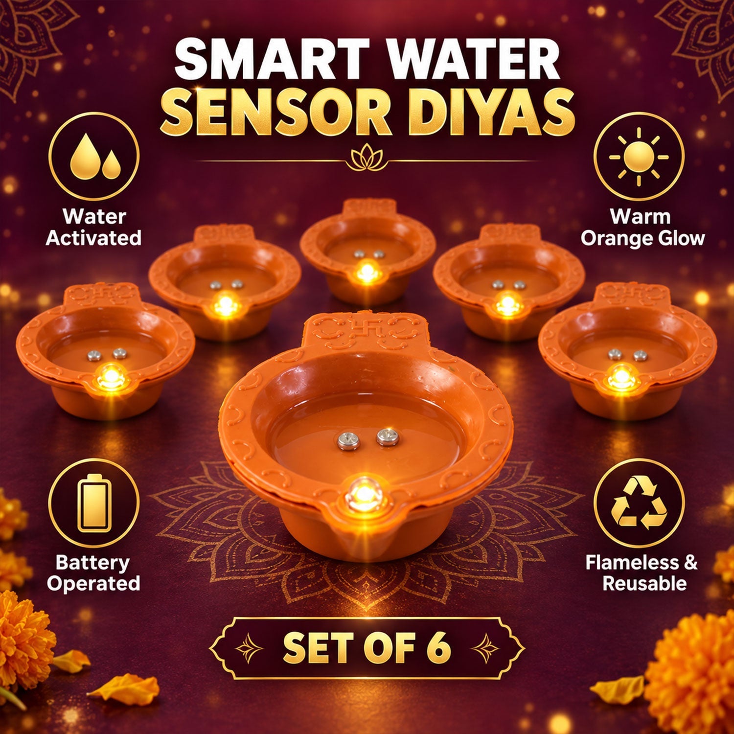 Six orange diyas with glowing LEDs are displayed on a dark background with text describing their smart features.
