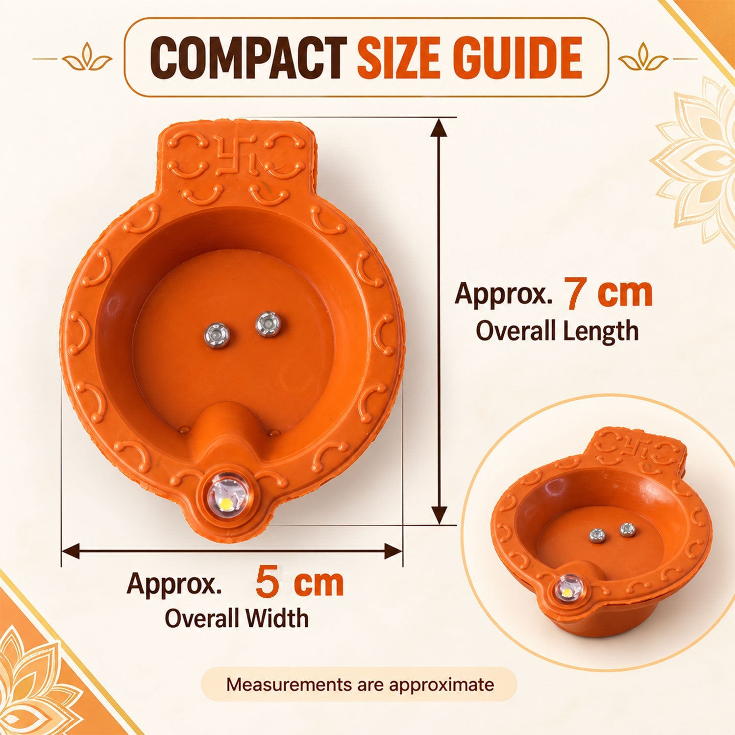 A single orange diya with measurements indicating an approximate overall length of 7 cm and width of 5 cm.