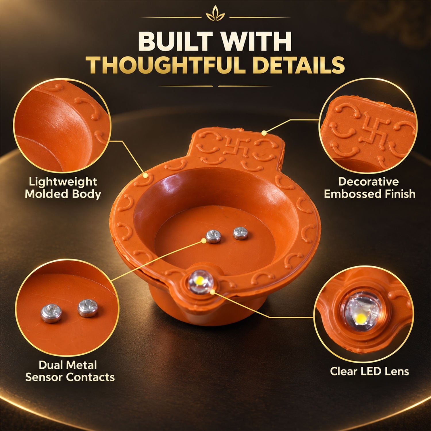 A close-up of an orange diya with labels highlighting its lightweight body, embossed finish, metal sensors, and clear LED.
