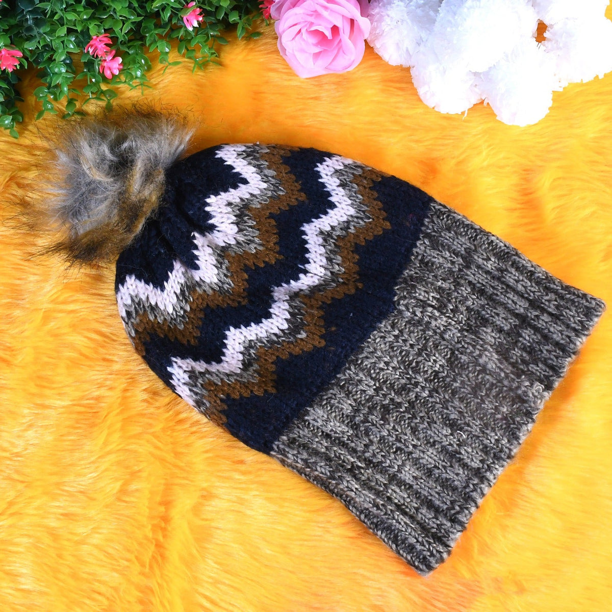 Winter Woolen Knitted Black Inside Fur Beanie Cap (1 Pc / Mix Design & Color)