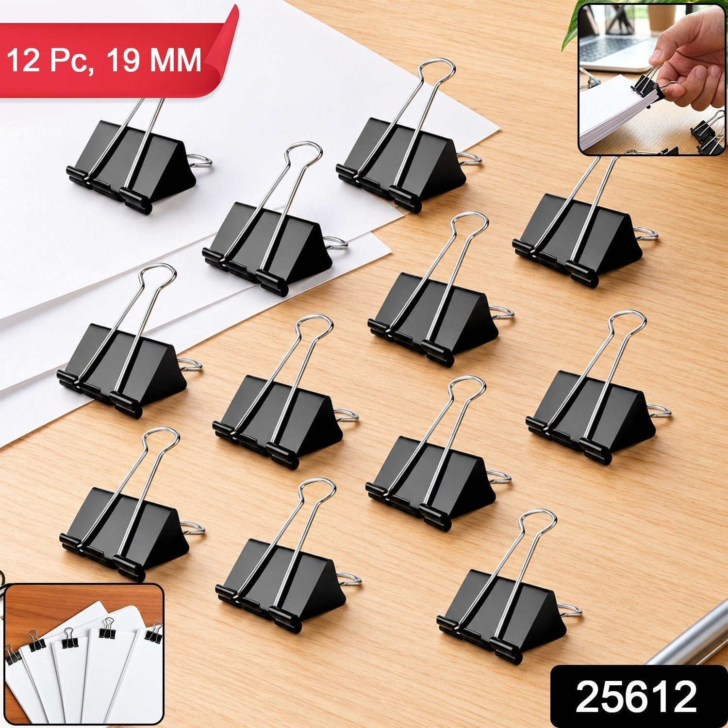A grid of twelve black binder clips with silver handles is shown on a wooden desk with a small inset image of a hand using a