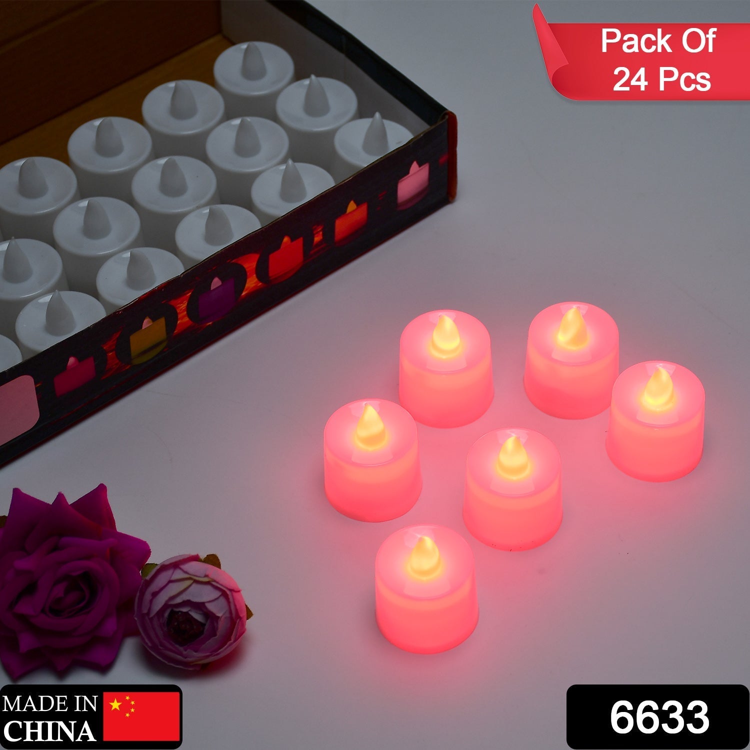 Red LED Flameless Tealight Candle lit inside a glass holder