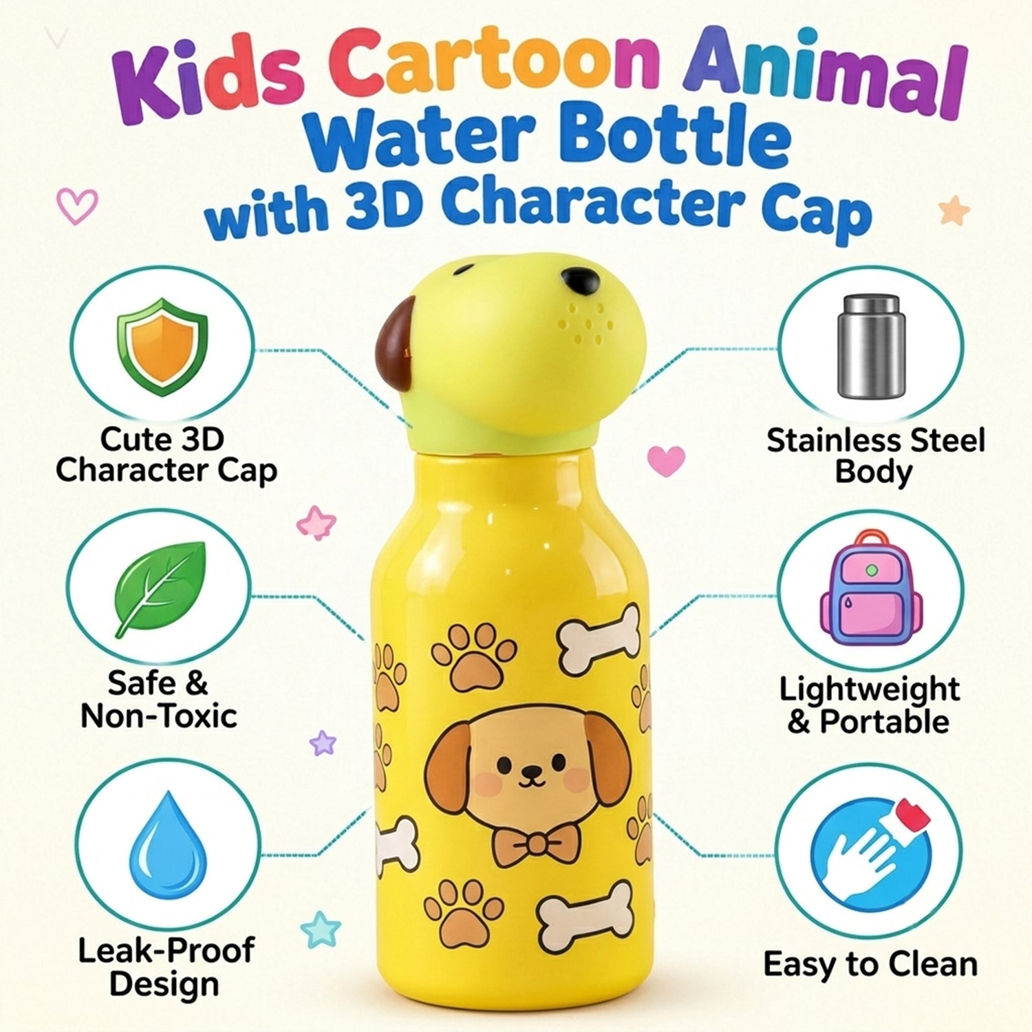Kids Animal Water Bottle with 3D Character Cap and Printed Design (1 Pc, Mix Design)
