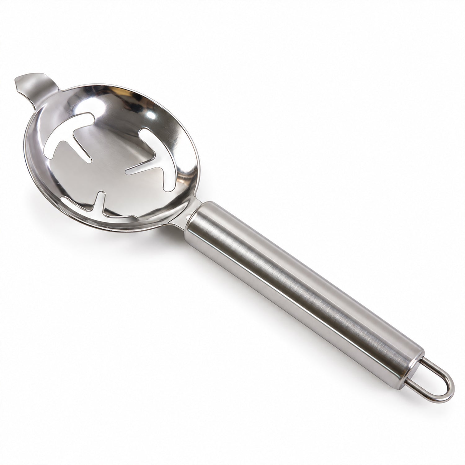 A polished stainless steel egg separator with a slotted bowl and a sturdy handle is presented on a white surface.