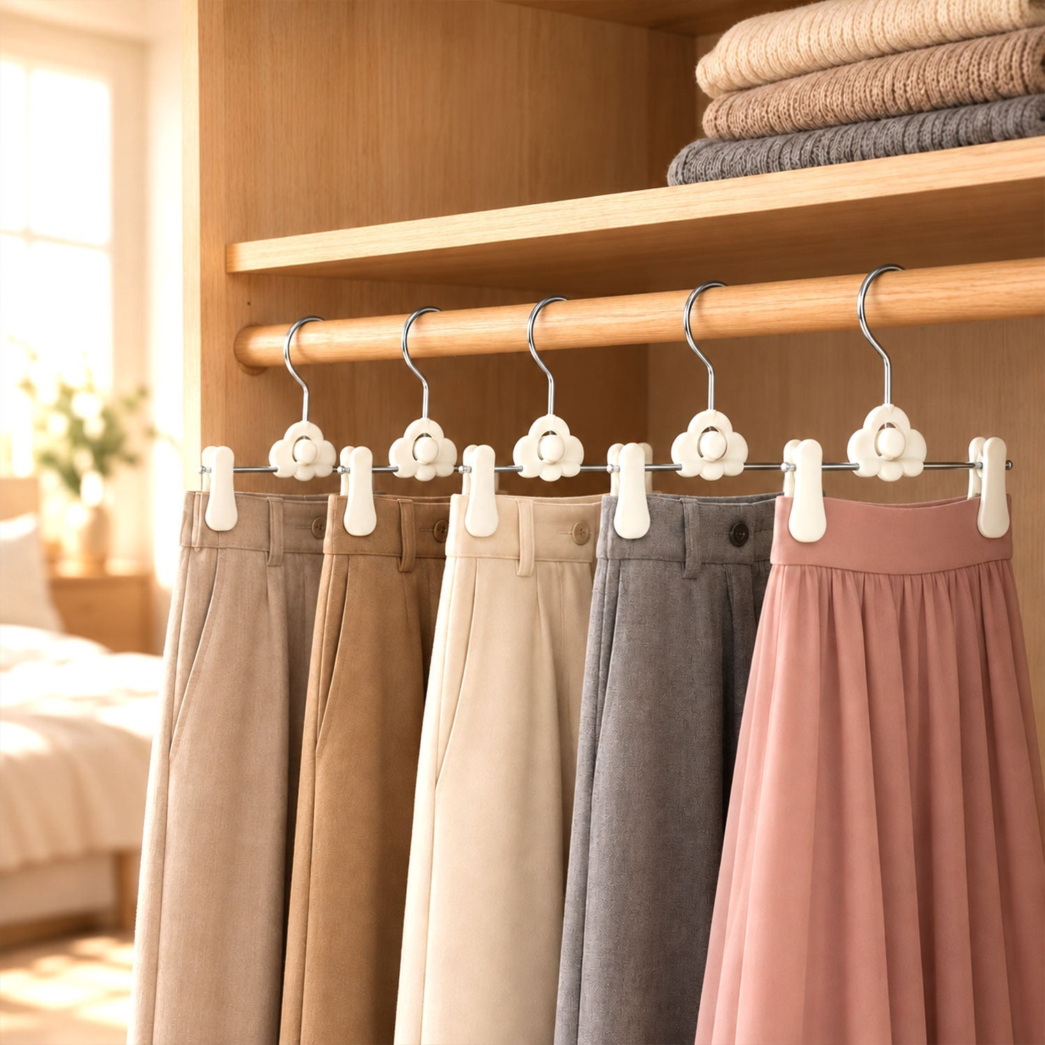 Six pairs of pants and a skirt hang neatly on white clip hangers in a light wooden wardrobe.