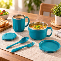 Apex Midnight Gift Set with 400ml Mug, 700ml Soup Bowl, Lids, Spoon and Fork