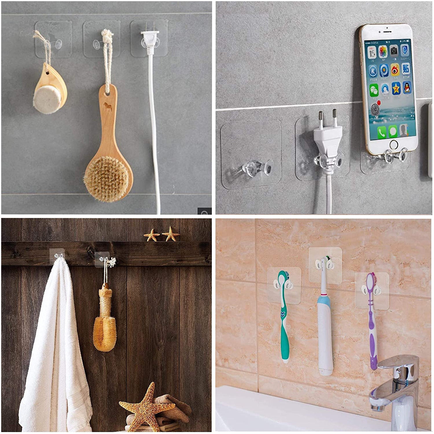 Transparent hook holding coat and towel in hallway
