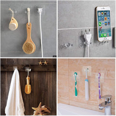 Transparent hook holding coat and towel in hallway