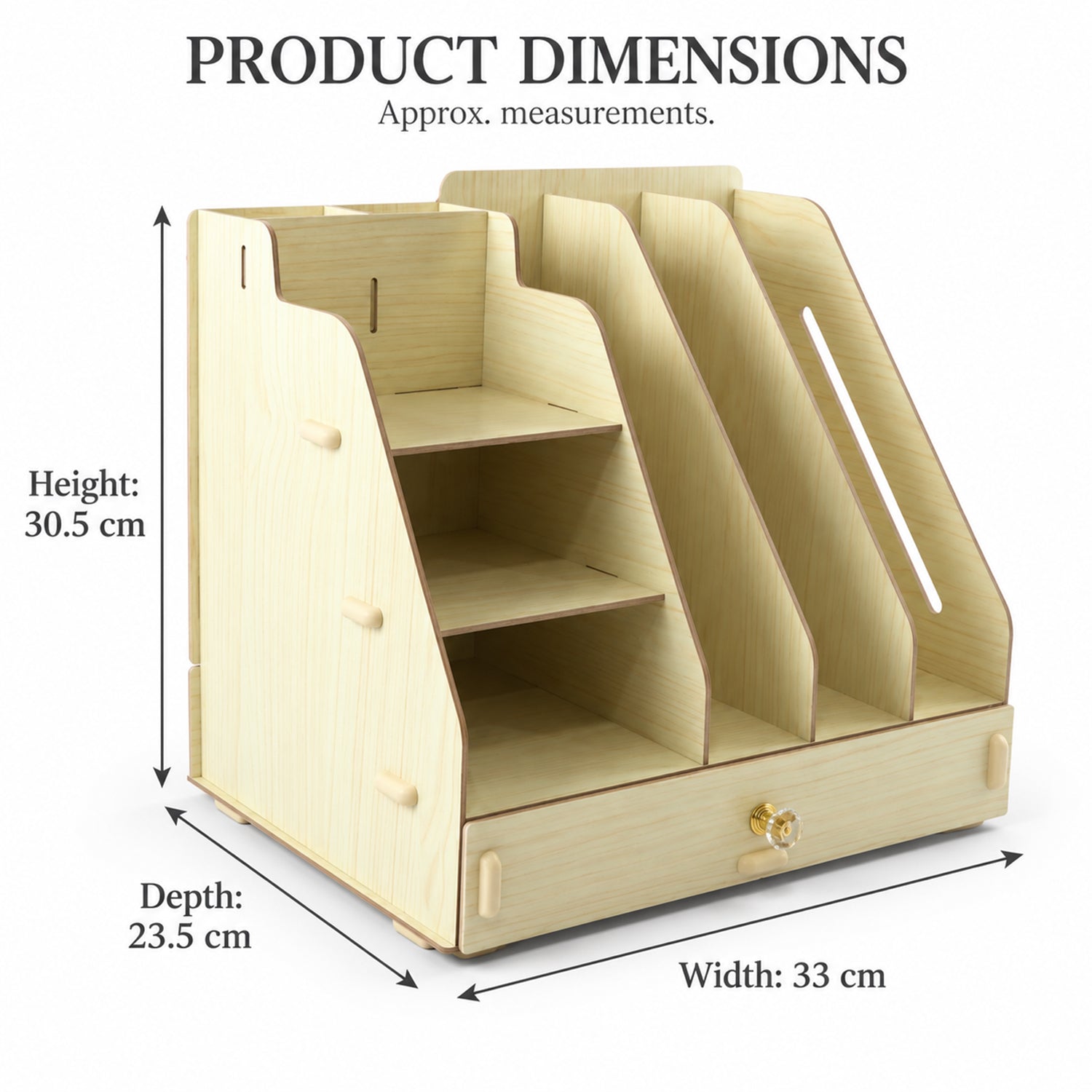 Light wood desk organizer with dimensions labeled: height 30.5 cm, width 33 cm, depth 23.5 cm.