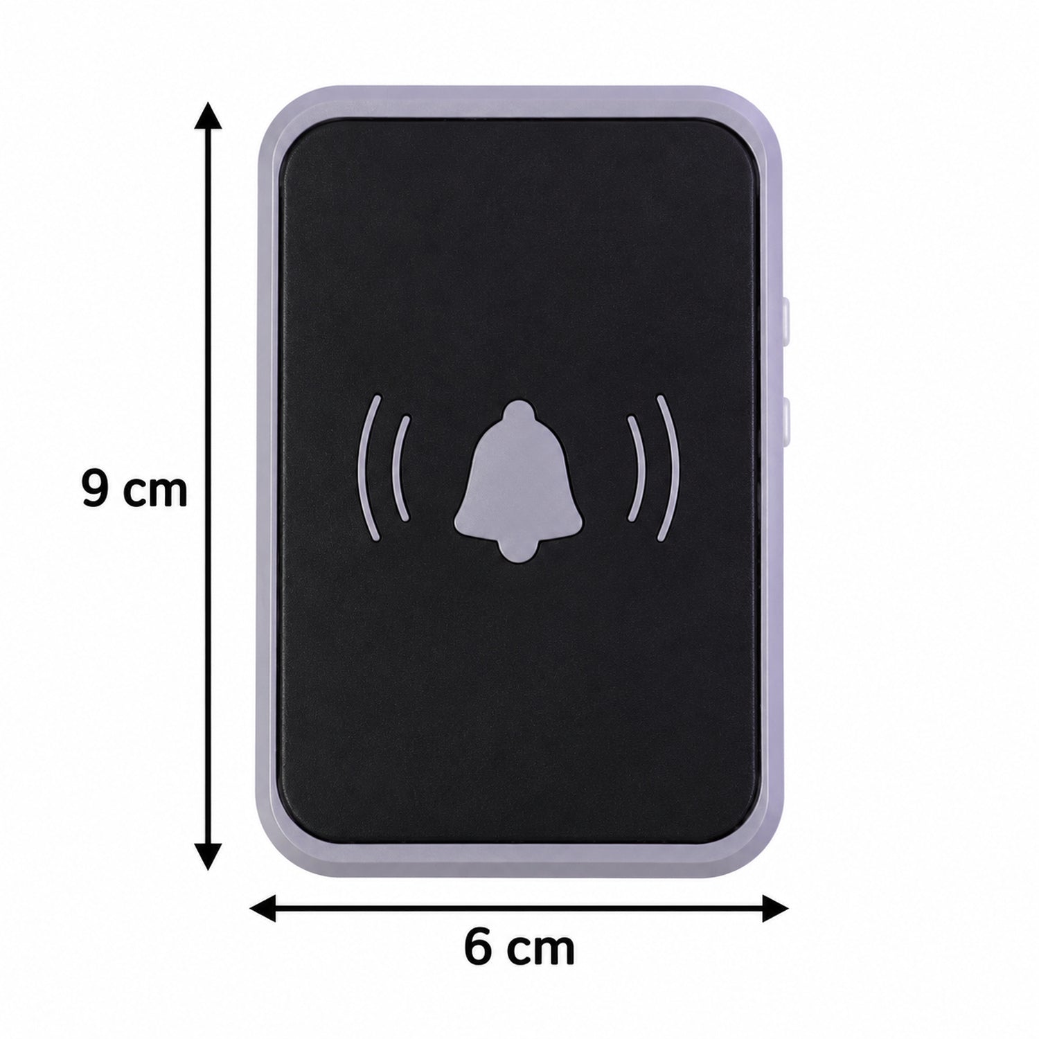 A black and white wireless doorbell receiver is shown with dimensions of 9 cm height and 6 cm width.