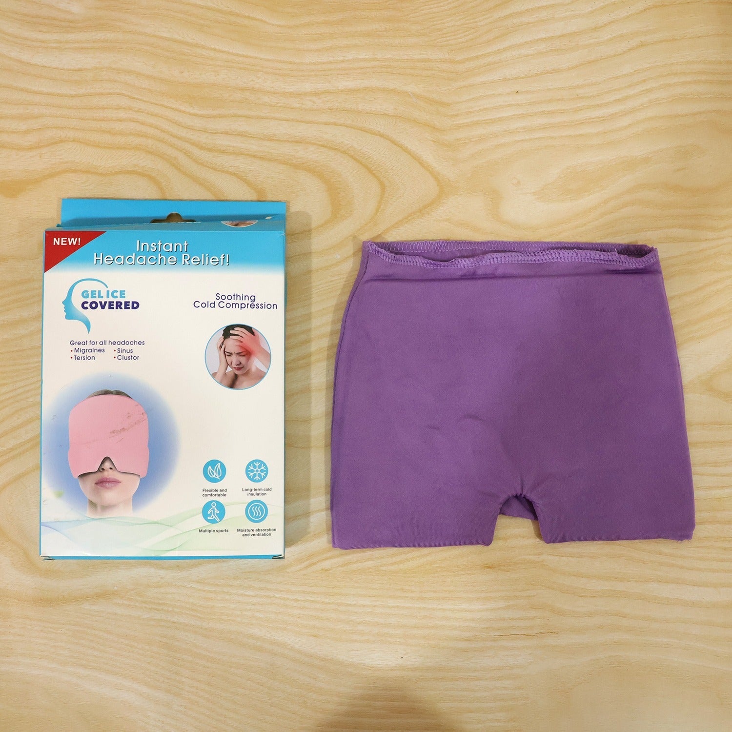 Purple migraine relief cap in a lifestyle setting